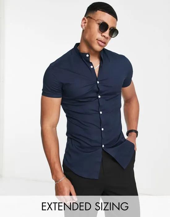 skinny fit shirt with grandad collar in navy