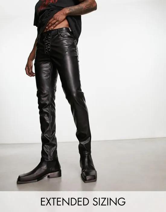 skinny jeans in black leather look with lace up detail