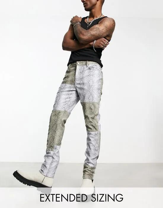skinny jeans in gray snake print croc leather look with contrast panels