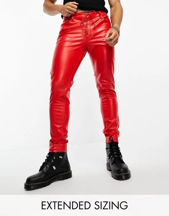 skinny jeans in red leather look with lace up detail
