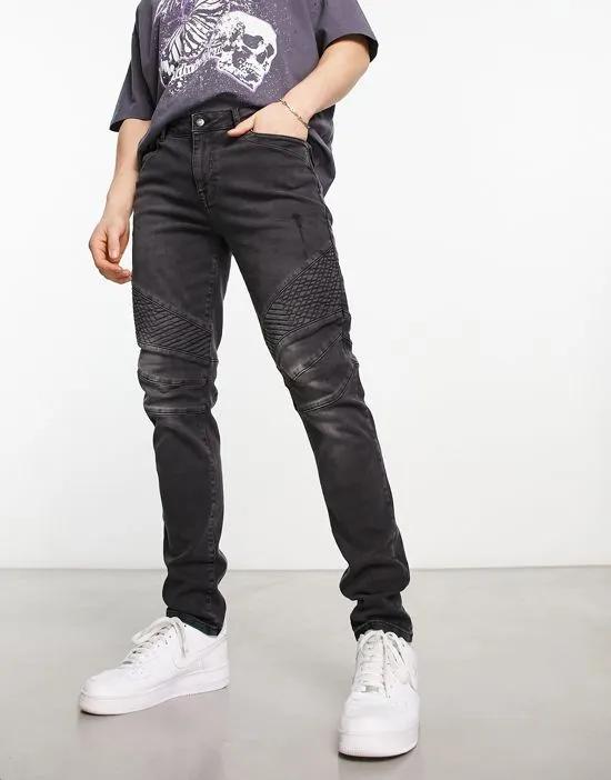skinny jeans with moto detail in washed black