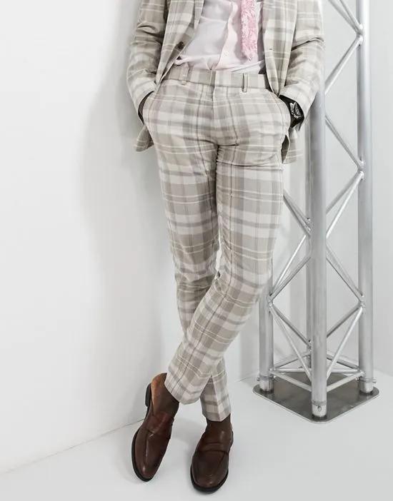 skinny linen mix suit pants in stone check