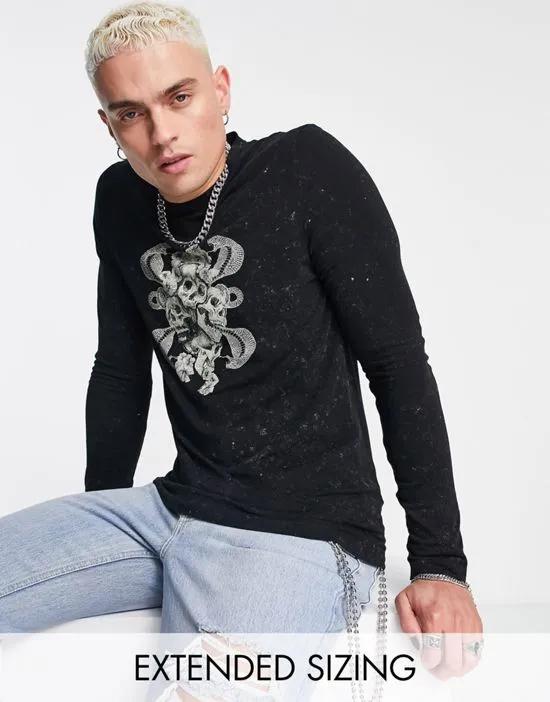 skinny long sleeve T-shirt in washed black with skull front print