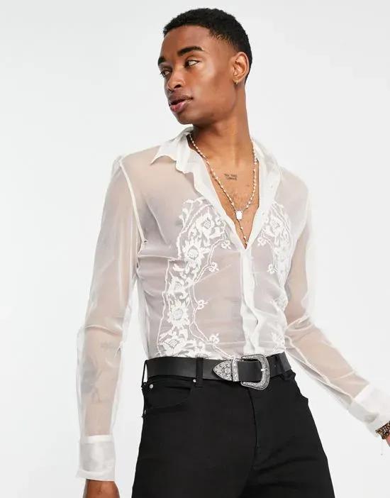 skinny mesh shirt with placement embroidery in white