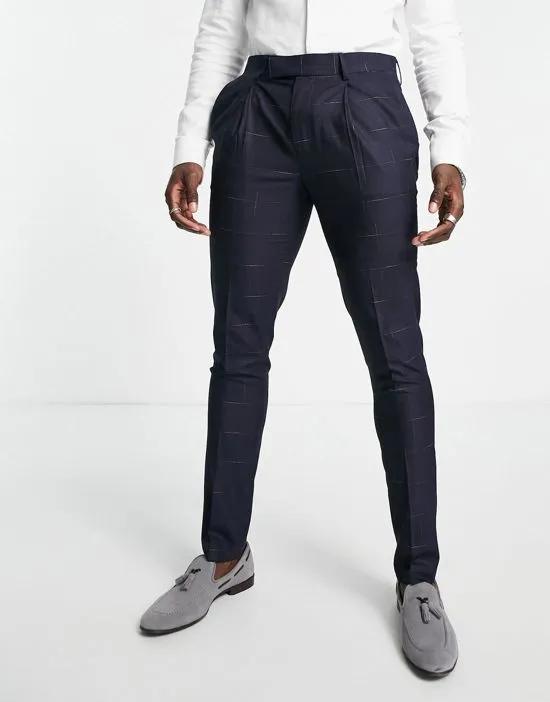 skinny premium fabric suit pants in navy windowpane plaid with stretch