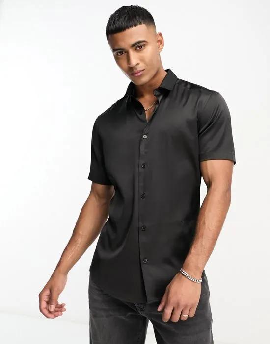 skinny satin shirt in black