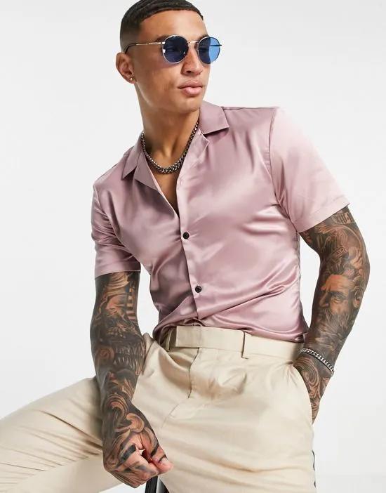 skinny satin shirt with camp collar in dusky pink
