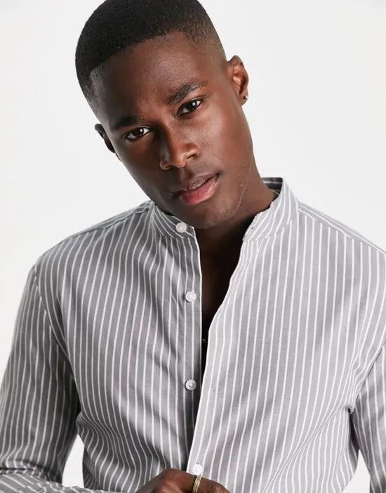 skinny stripe shirt with grandad collar in gray