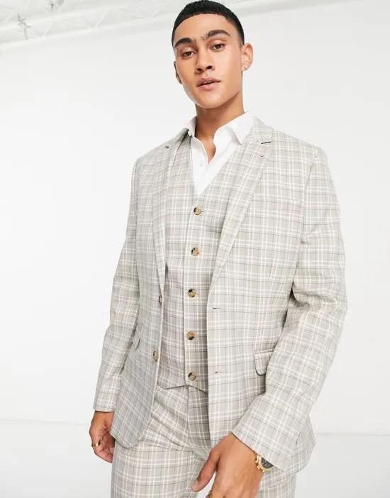 skinny suit jacket in beige and navy highlight grid check