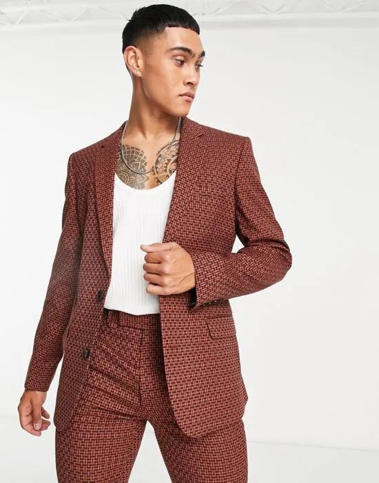 skinny suit jacket in brown geo print