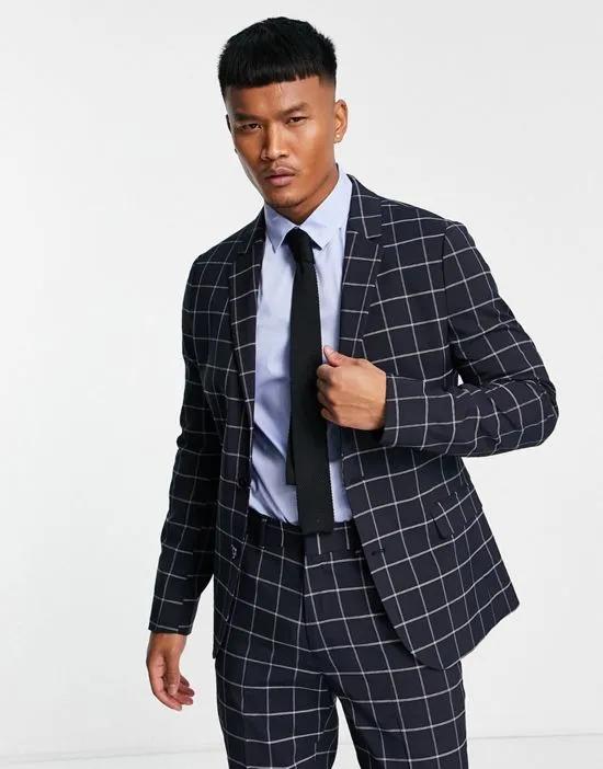 skinny suit jacket in navy windowpane check