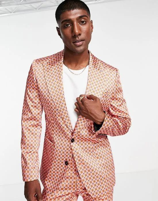 skinny suit jacket in red and pink retro geo print