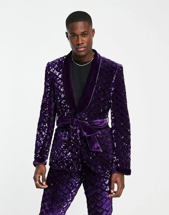 skinny suit jacket in sequin diamond velvet in purple