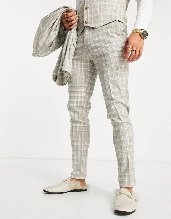 skinny suit pants in beige and navy highlight grid check