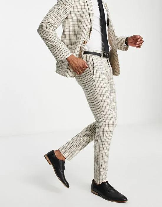 skinny suit pants in stone and beige micro check