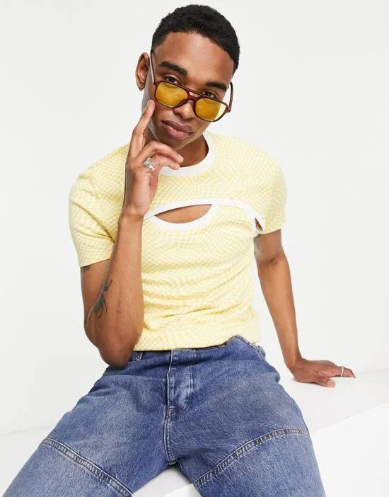 skinny t-shirt in yellow check print with cut outs