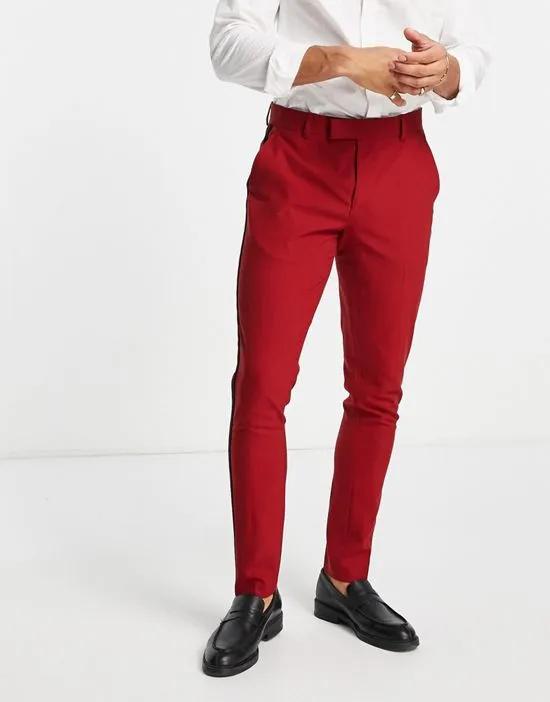 skinny tuxedo pants in burgundy with satin side stripe