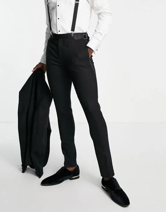 skinny tuxedo suit pants in black virgin wool blend snake jacquard