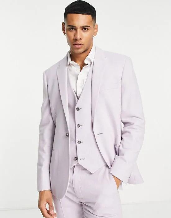 skinny wool mix suit jacket in basketweave texture in lilac