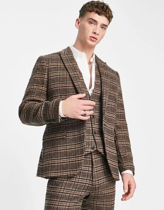 skinny wool mix suit jacket in brown plaid