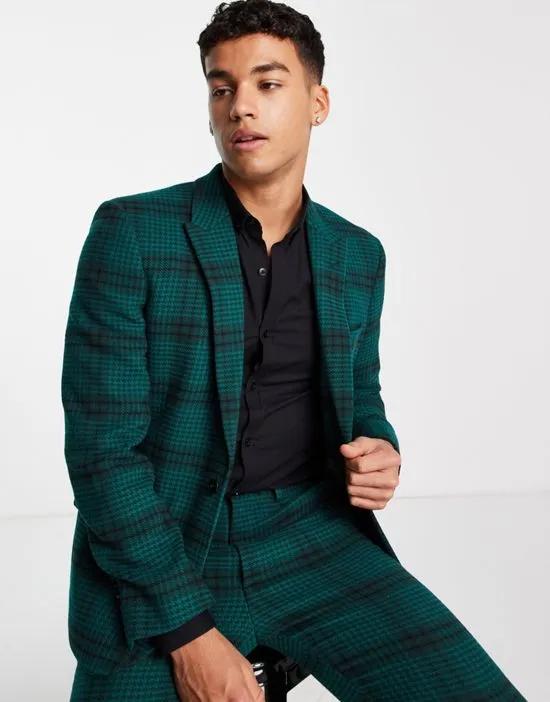 skinny wool mix suit jacket in dark green and navy large houndstooth check