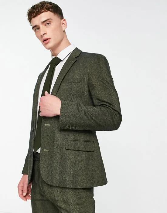skinny wool mix suit jacket in green herringbone