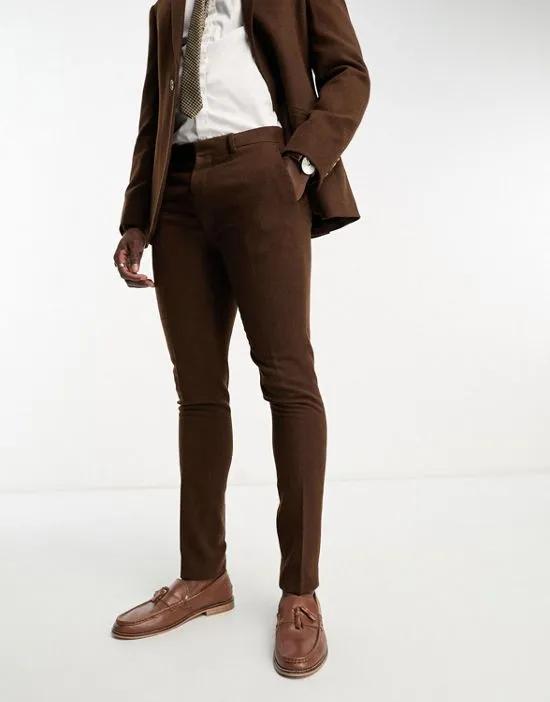 skinny wool mix suit pants in herringbone in brown