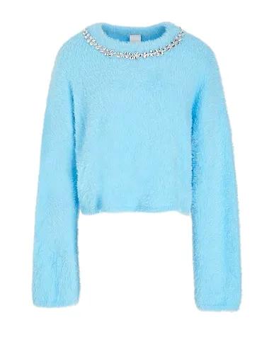 Sky blue Knitted Sweater FUR EMBELLISHED KNIT JUMPER
