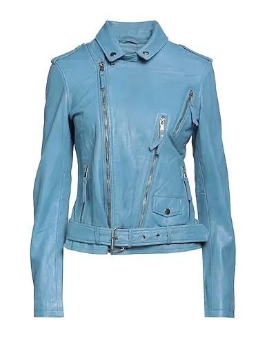 Sky blue Leather Biker jacket