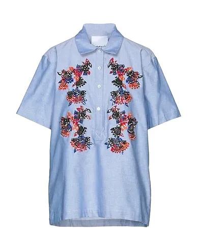 Sky blue Plain weave Floral shirts & blouses