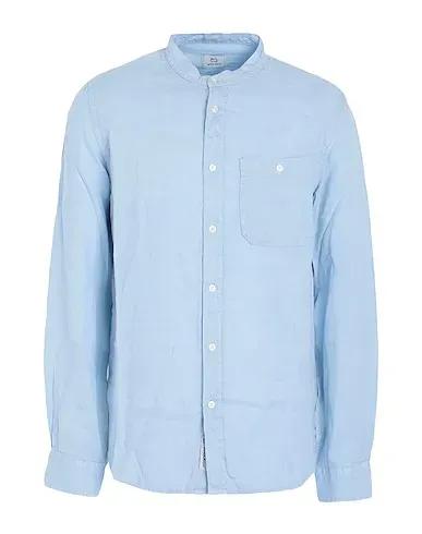 Sky blue Plain weave Linen shirt BAND COLLAR LINEN SHIRT 