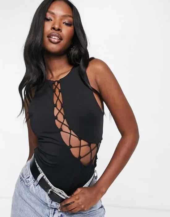 sleeveless bodysuit with lace up detail in black
