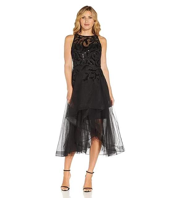 Sleeveless Burnout Party Dress with High-Low Tiered Hem