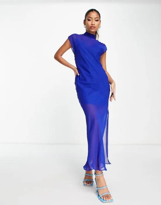 sleeveless chiffon midaxi dress with open back in cobalt