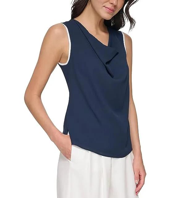 Sleeveless Cowl Neck Blouse with Tipping