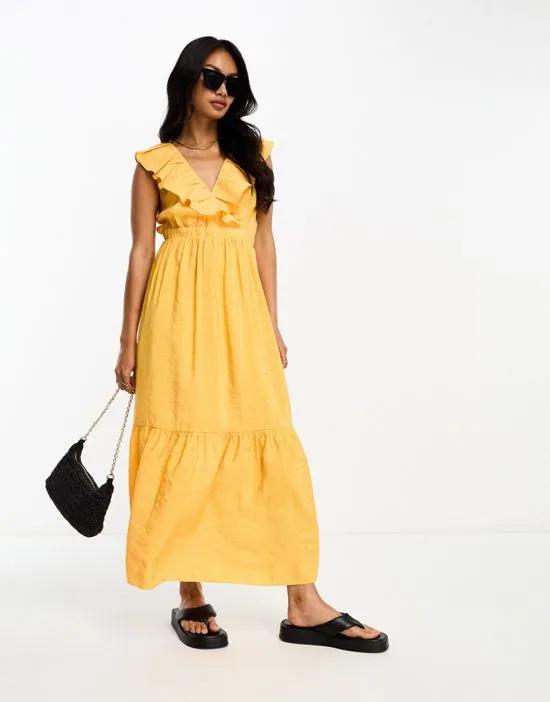 sleeveless frill neck tea dress in orange