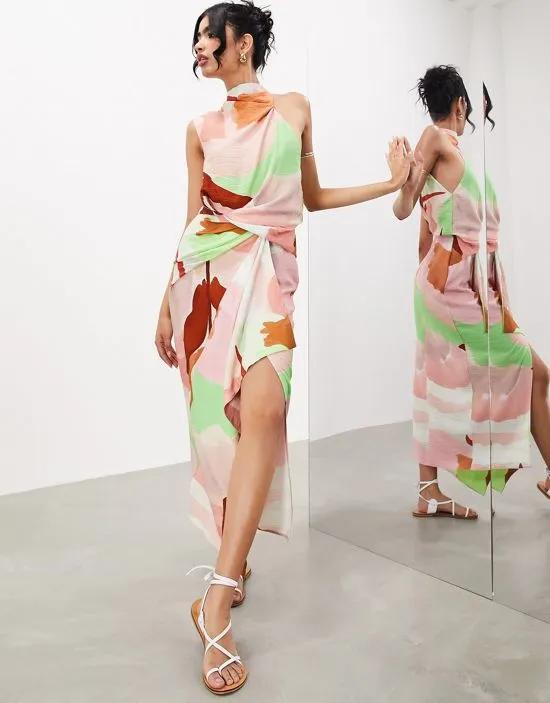 sleeveless high neck ruched detail maxi dress in abstract print