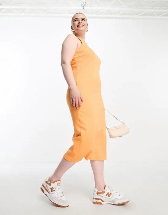 sleeveless jersey body-conscious midi dress in orange