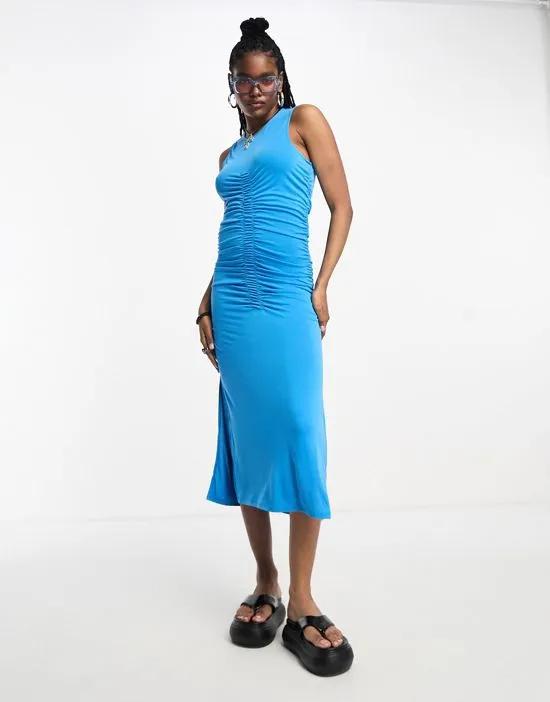 sleeveless jersey midi dress with ruched front in blue