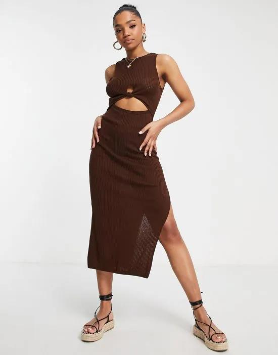 sleeveless maxi dress with cut out front in brown