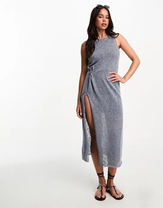 sleeveless maxi dress with split detail in blue heather