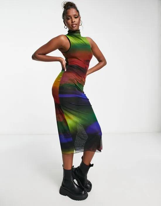 sleeveless mesh maxi dress in multi print