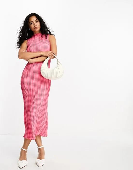 sleeveless midi dress in pink plisse check