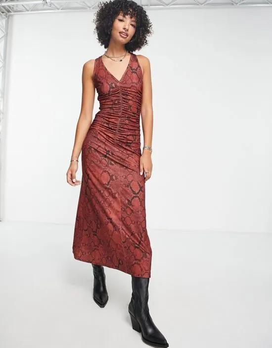 sleeveless midi dress with ruching in rust snake print