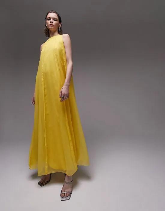sleeveless paneled midi dress in yellow