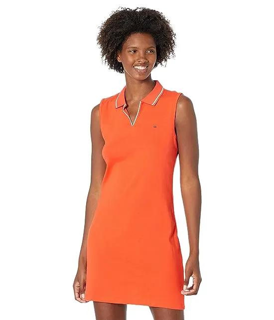 Sleeveless Pipped and Tipped Solid Polo Dress