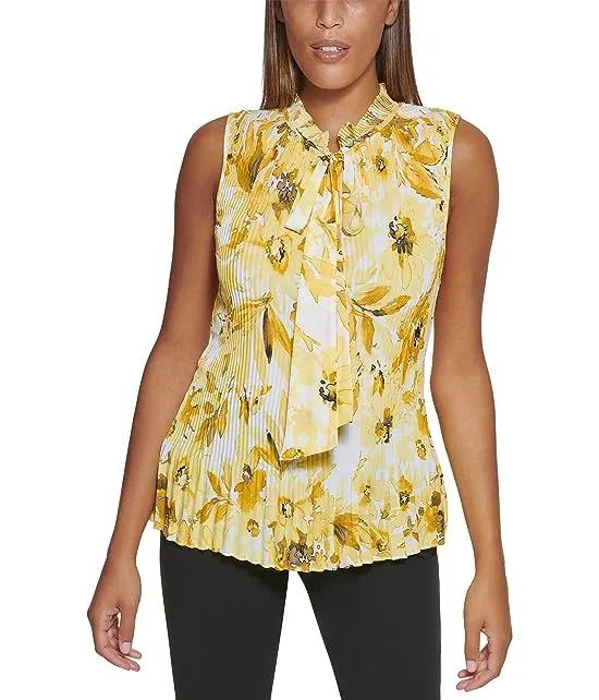 Sleeveless Pleated Top with Neck Tie