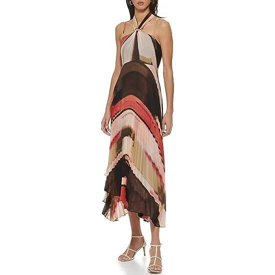 Sleeveless Print Chiffon Pleated Halter Dress