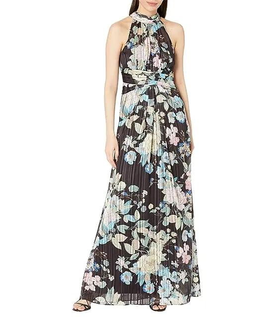 Sleeveless Printed Floral Chiffon Halter Neck Gown