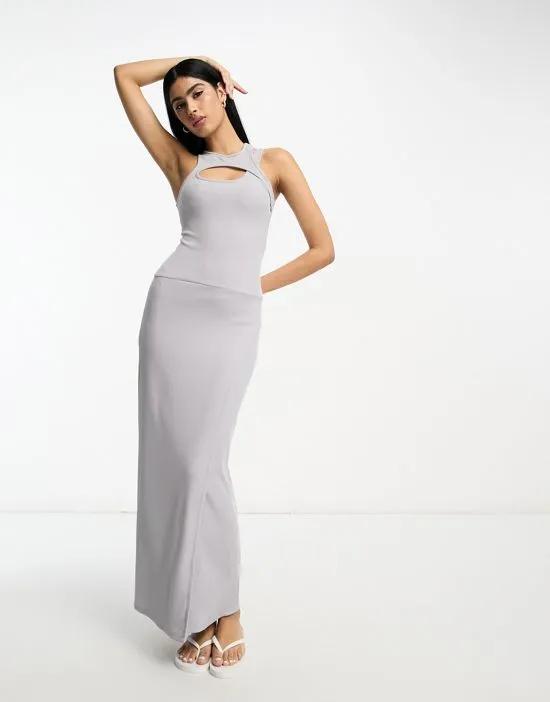 sleeveless ribbed midi dress with cut out detail in washed gray